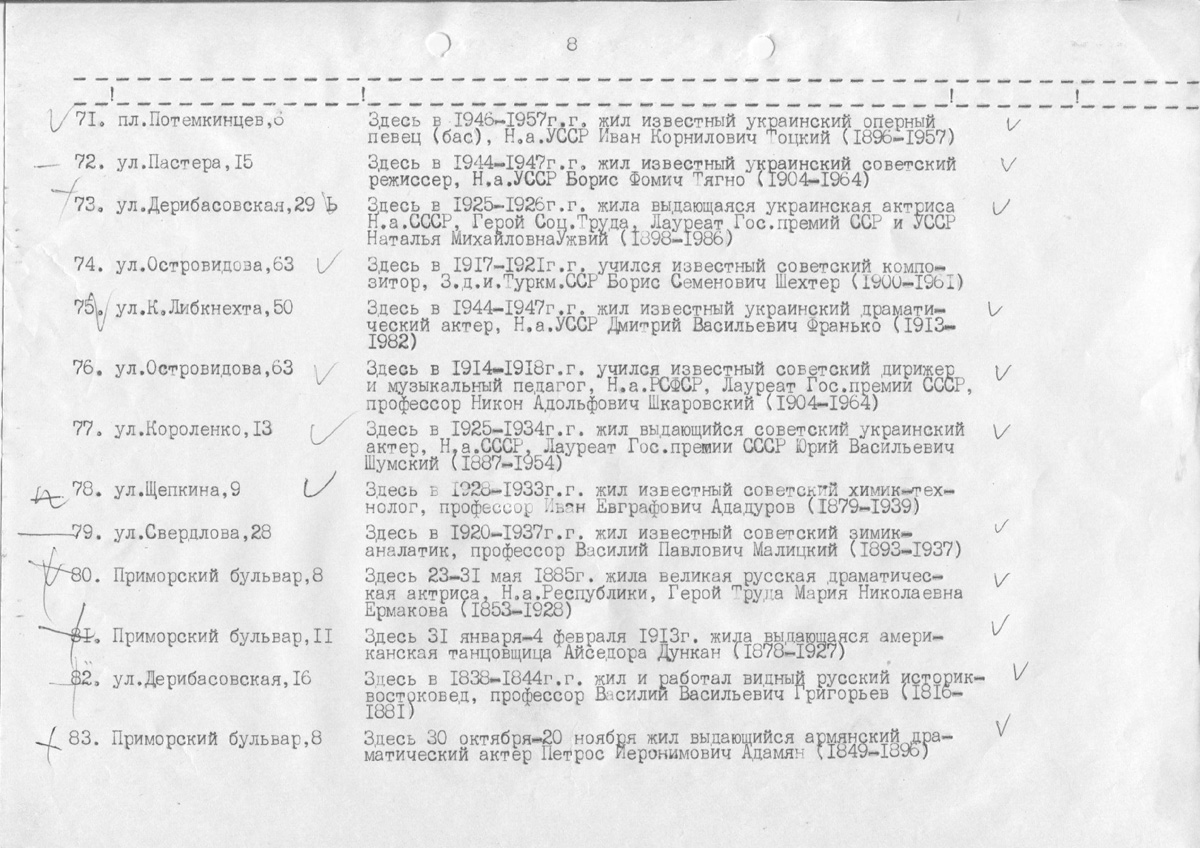 Одесса — Материалы по охране культурного наследия (Одесса и Одесская область)